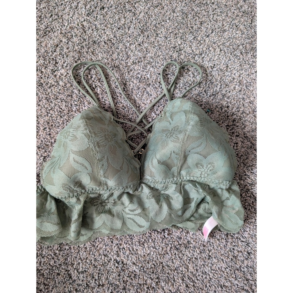 Victoria's Secret PINK Sage Green Floral Lace Lace-Up Front Bralette Large NWOT‎